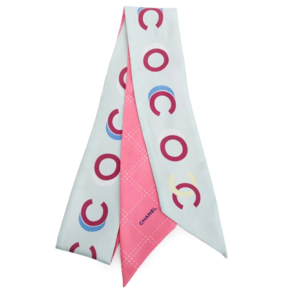 Authentic CHANEL Pink CC Printed Silk Twill Slim Bandeau 2023 Limited Edition
